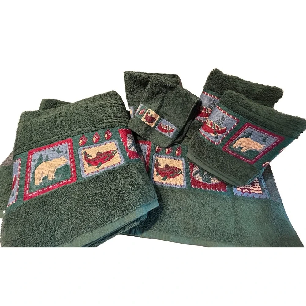 Jubilee Bath Towel Set Cabin Woodland Hunting Theme 6 Piece Set Hunter Green